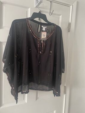 Bar III Black Sheer Beaded Poncho Top